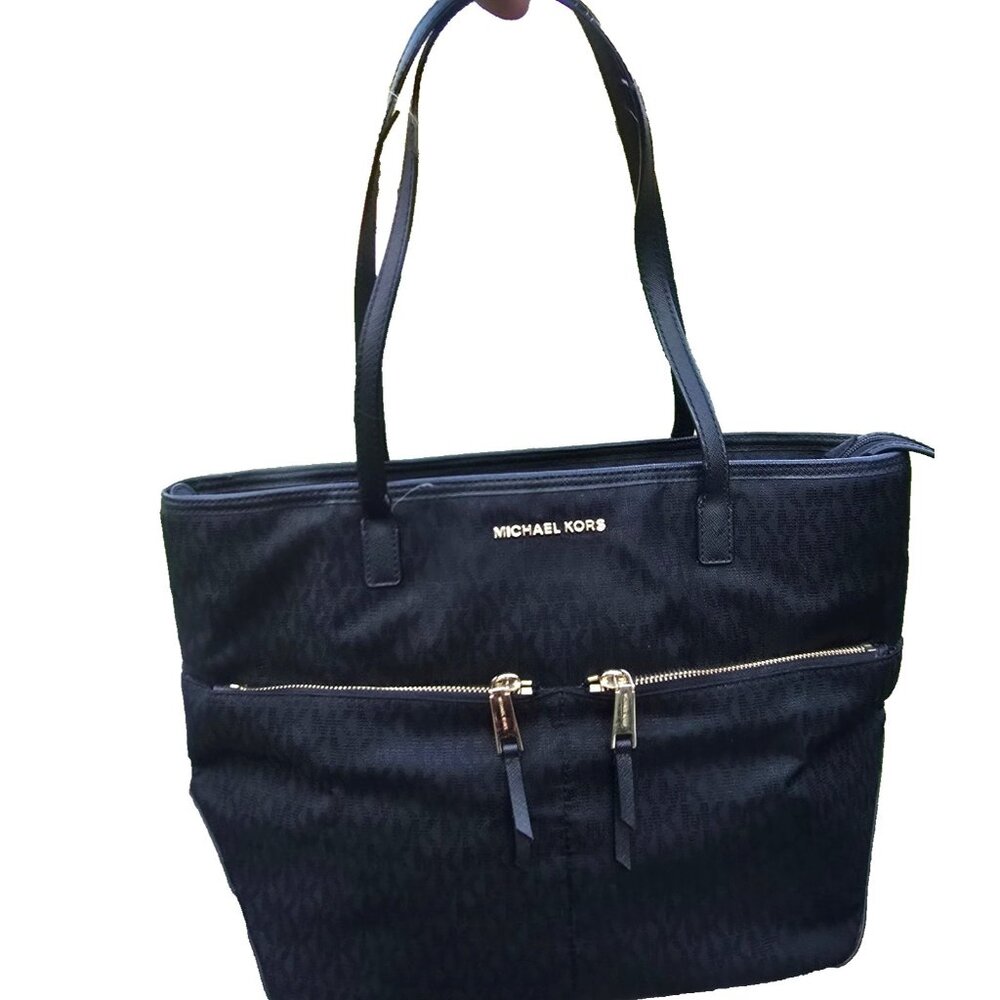 Michael Kors Handbag Zipper Tote Black MK Monogram Travel Carry-On Front Pockets